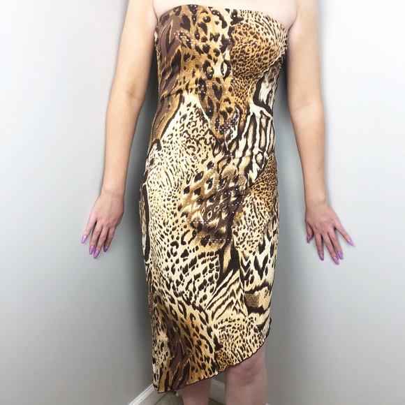 Caché Asymmetrical Animal Print Strapless Dress - Picture 1 of 5